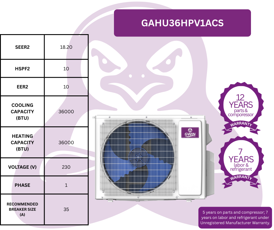 GWIN 3 Ton - 36,000 BTU - 18.2 SEER2 - Ducted Complete System With 15 Foot Line Set And Communication Wire