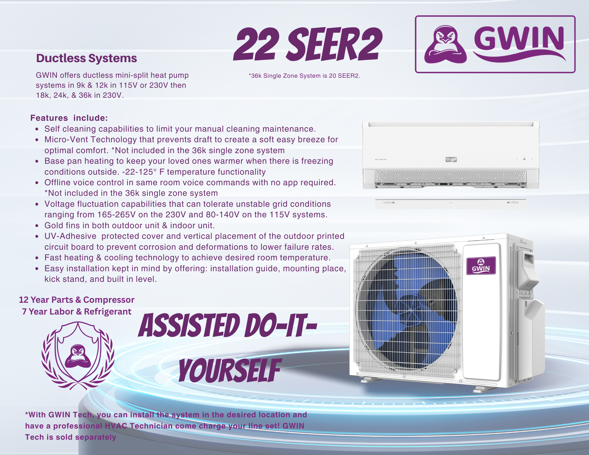 GWIN 36,000 BTU 22 SEER2 230V Two-Zone Ductless Mini-Split Complete System (36k condenser,18K + 18K Wall Mount) with 15 foot line set and communication wire
