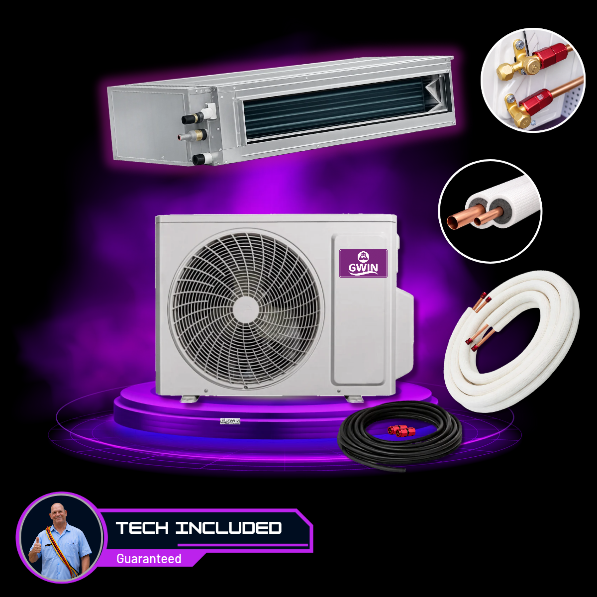 GWIN Assisted DIY 24,000 BTU 19.5 SEER2 230V Emperor 22 Single Zone Hidden Ducted Mini-Split Complete System with 15 Foot Line Set, Communication Wire, and GWIN Tech