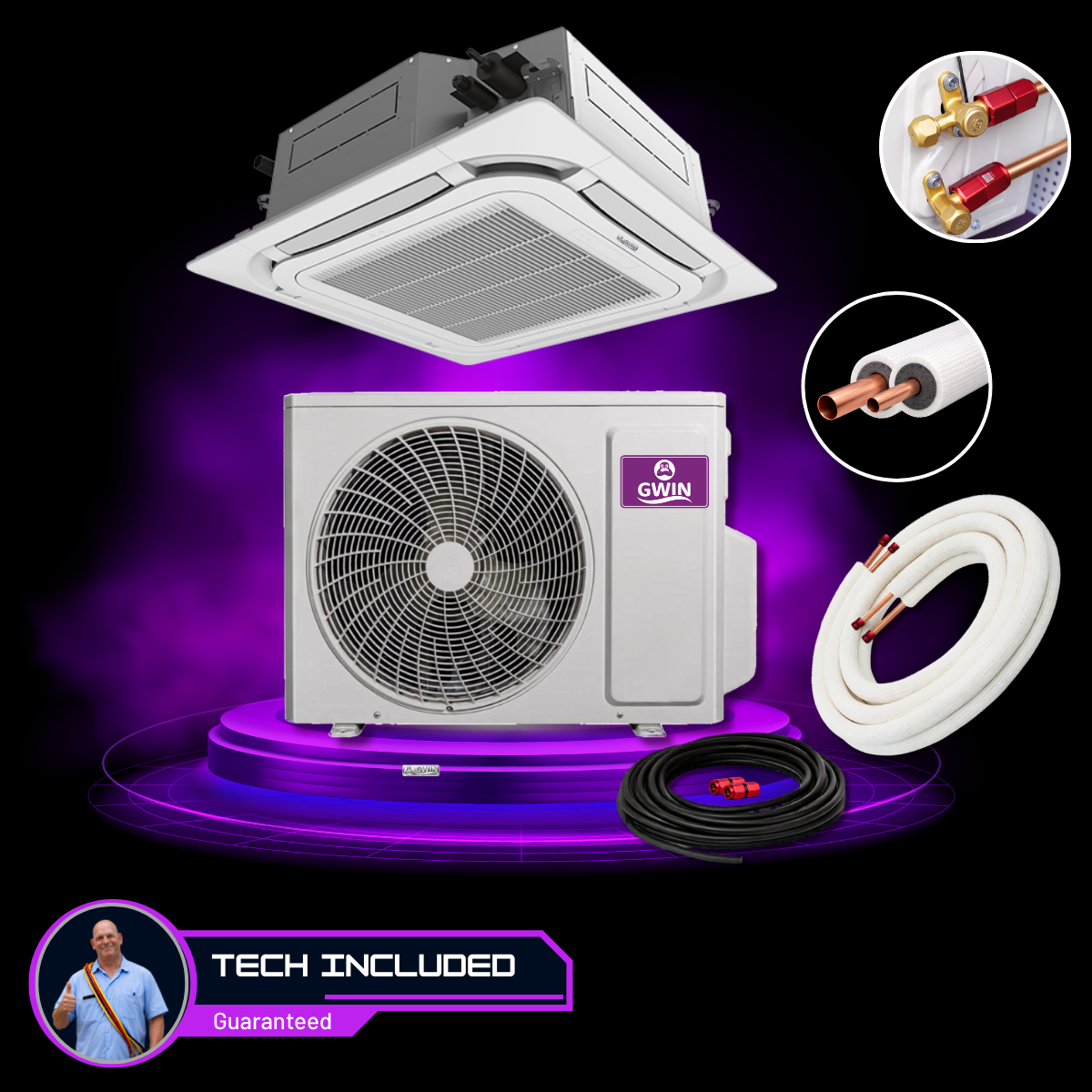 GWIN Assisted DIY 24,000 BTU 22.5 SEER2 230V Emperor 22 Single Zone 4 Way Cassette Ductless Mini-Split Complete System with 15 Foot Line Set, Communication Wire, and GWIN Tech
