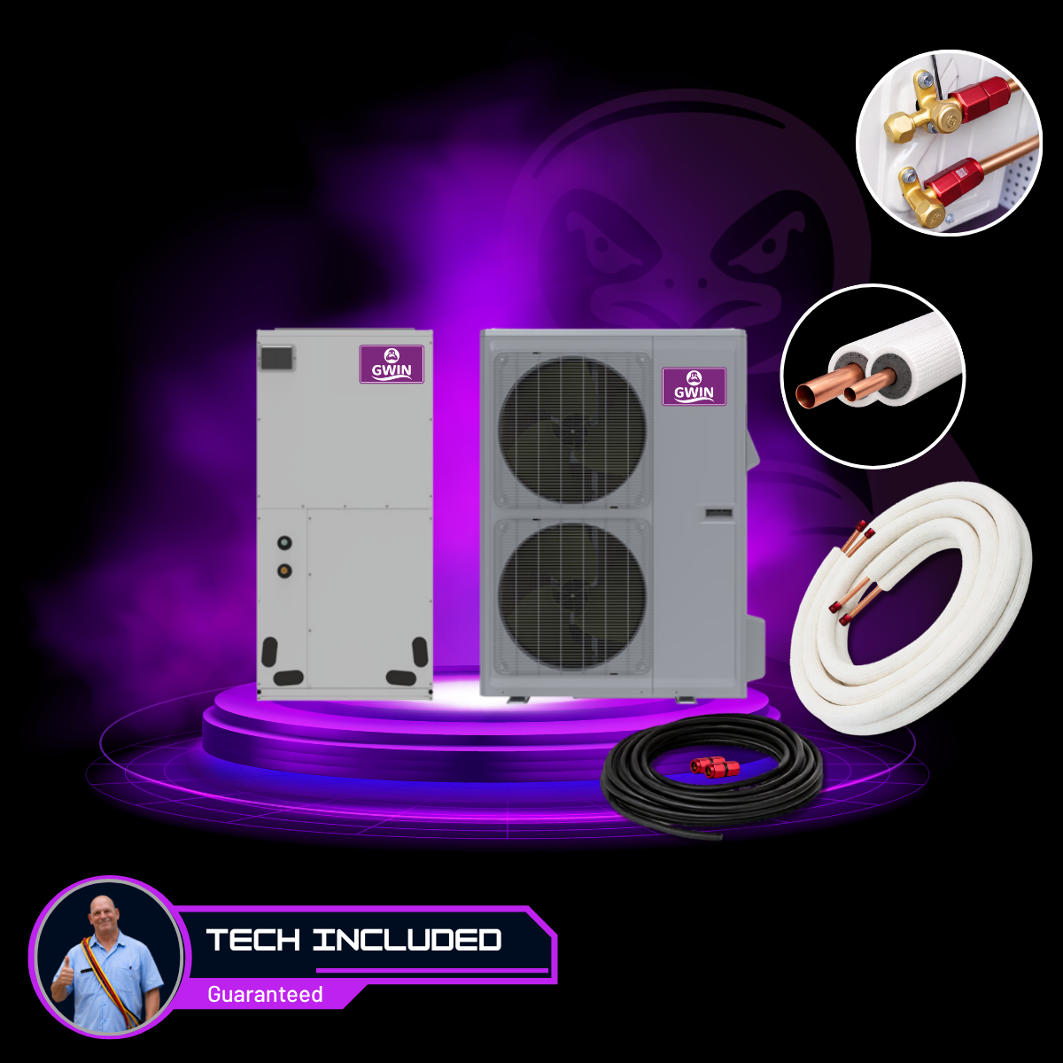 GWIN 48,000 BTU 230V Max Central Ducted Complete System with 15 Foot Line Set, Communication Wire, and GWIN Tech