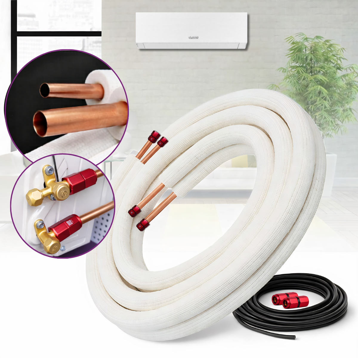 Flareless 1/4 x 3/8 GWIN Line Set for 7k, 9k, & 12k BTU Ductless Mini Split Air Handlers