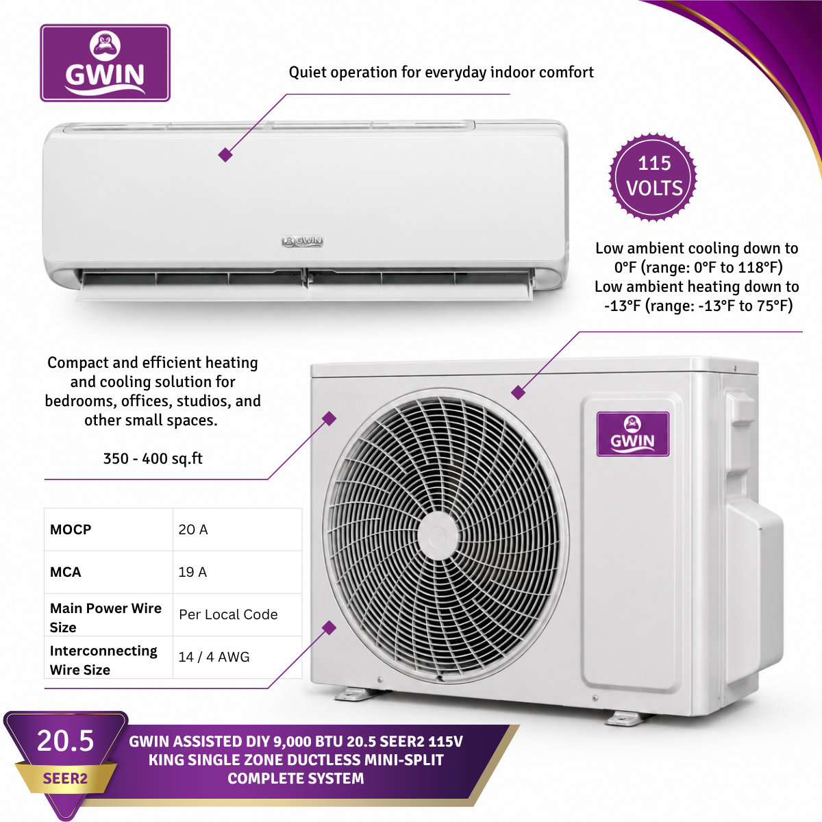 GWIN Assisted DIY 9,000 BTU 20.5 SEER2 115V King 13 Single Zone Ductless Mini-Split Complete System with 15 Foot Line Set, Communication Wire, and GWIN Tech