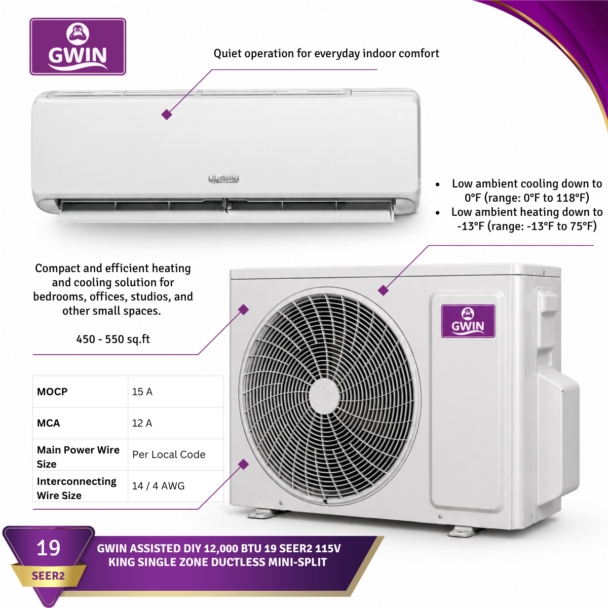 GWIN Assisted DIY 12,000 BTU 19 SEER2 230V King 13 Single Zone Ductless Mini-Split Complete System with 15 Foot Line Set, Communication Wire, and GWIN Tech