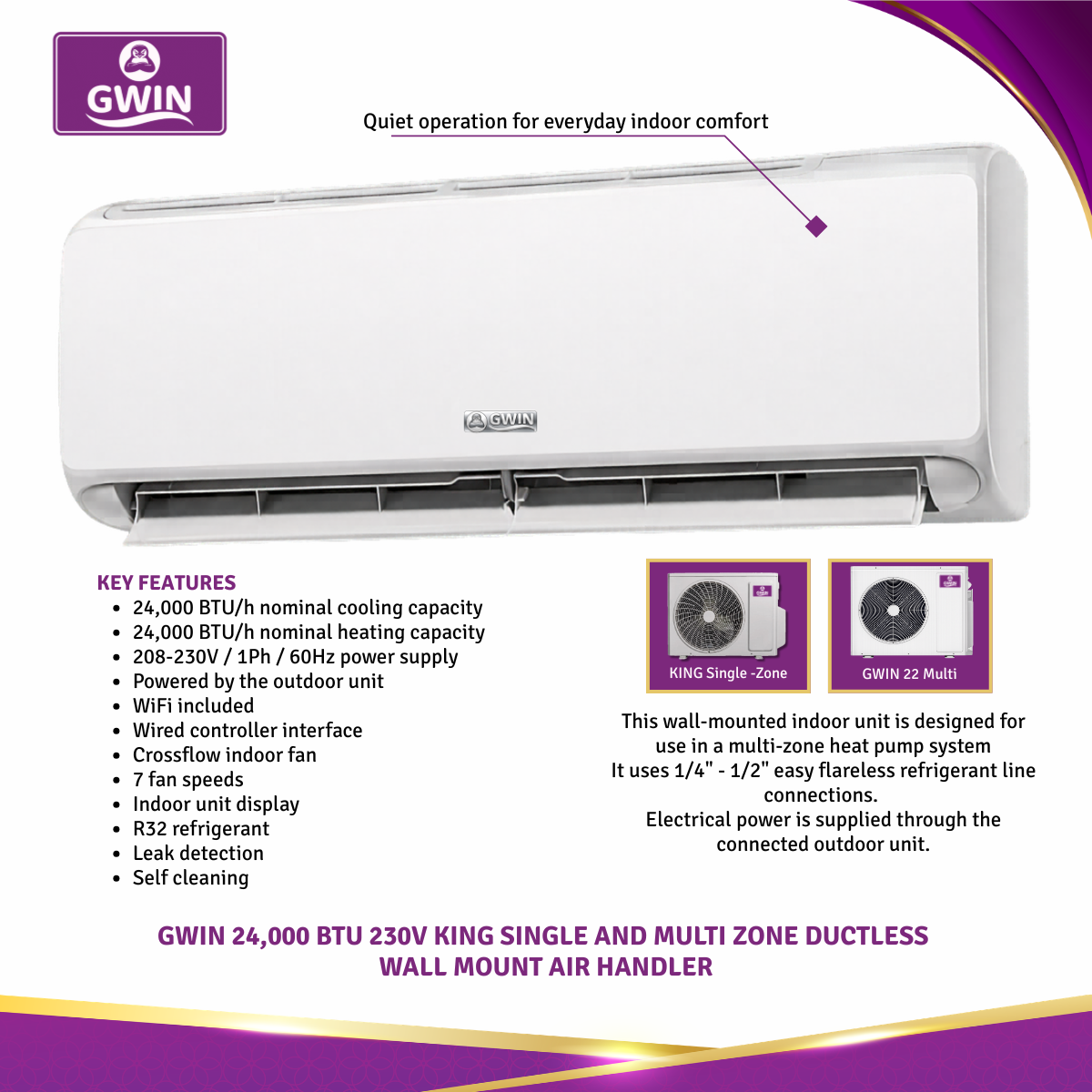 GWIN 24,000 BTU 230V King Single and Multi Zone Ductless Wall Mount Air Handler