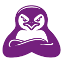 Purple penguin logo with a neutral expression on a white background